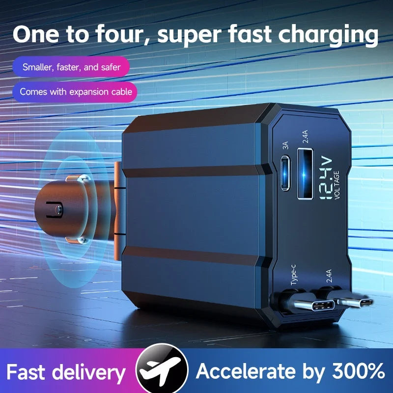 Portable Retractable Car Charger 4 in 1 Fast Charging Cables USB Type C Adapter Electric Accessories for Phone