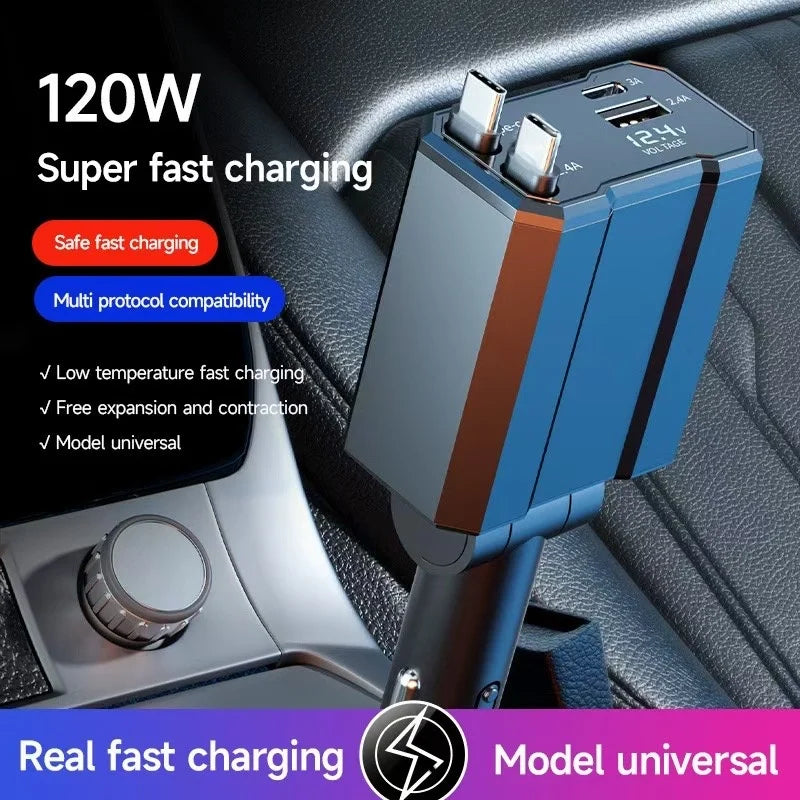 Portable Retractable Car Charger 4 in 1 Fast Charging Cables USB Type C Adapter Electric Accessories for Phone