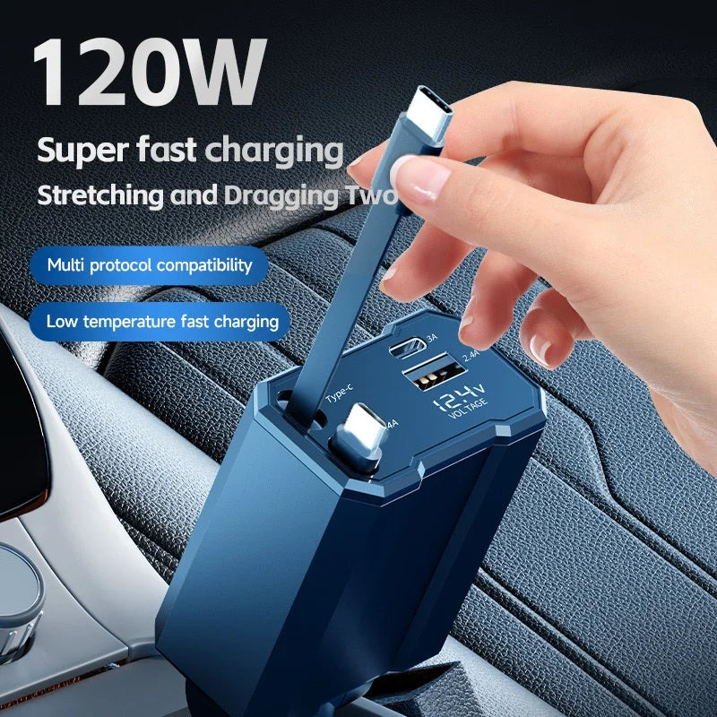 Portable Retractable Car Charger 4 in 1 Fast Charging Cables USB Type C Adapter Electric Accessories for Phone