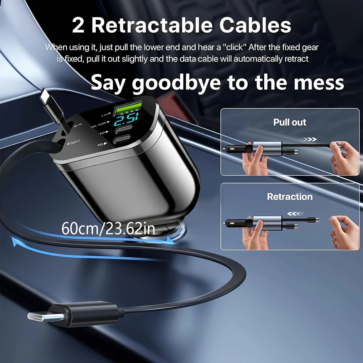 Car Charger with Retractable Cable, Automatic Reel-Up Cord, Supports Charging 5 Devices Simultaneously