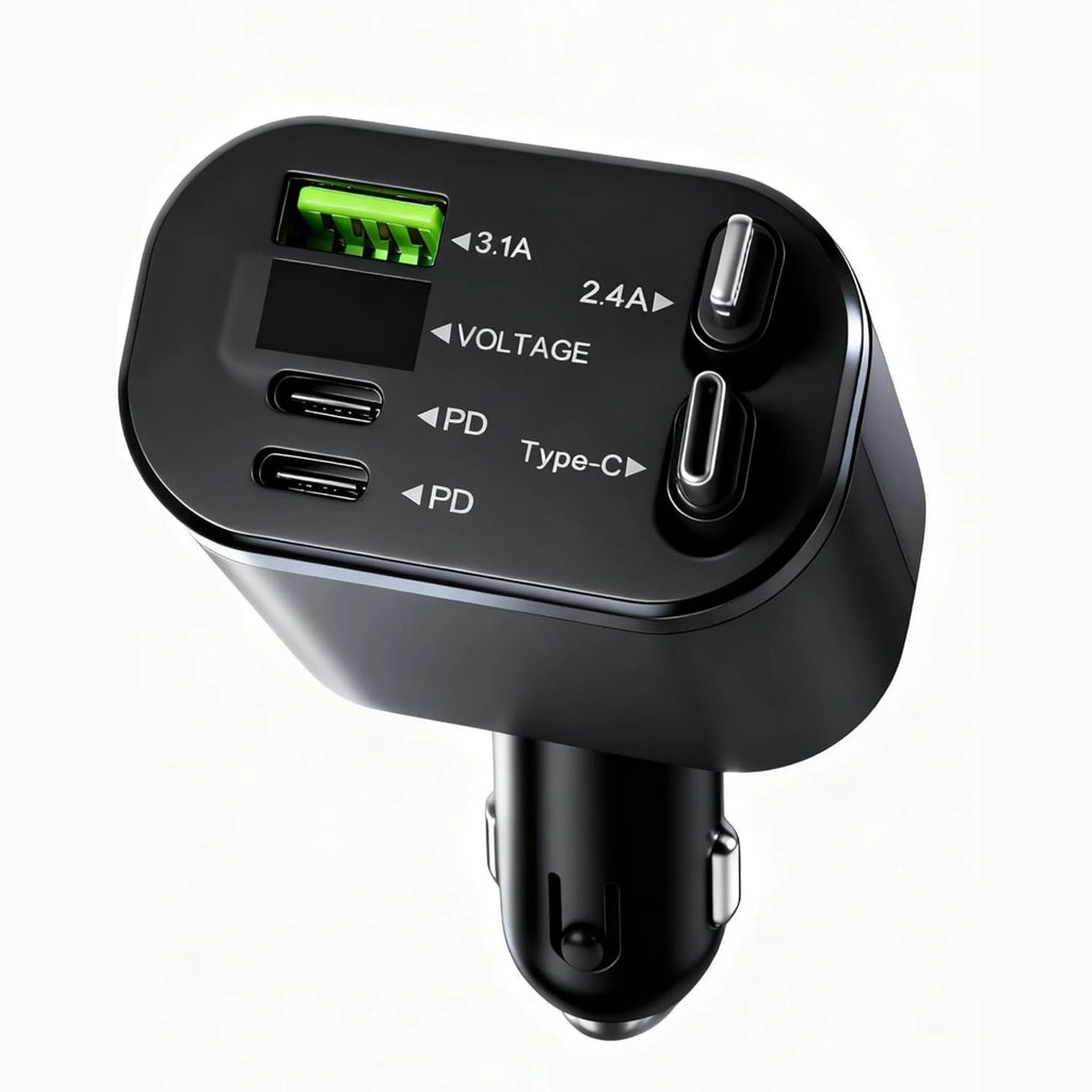 Car Charger with Retractable Cable, Automatic Reel-Up Cord, Supports Charging 5 Devices Simultaneously