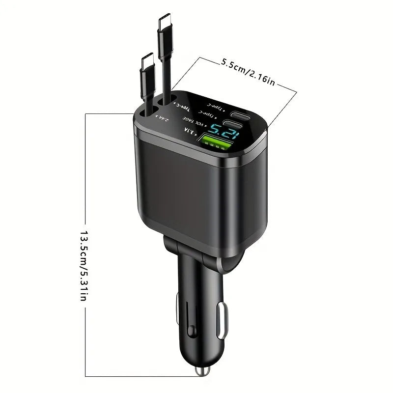Car Charger with Retractable Cable, Automatic Reel-Up Cord, Supports Charging 5 Devices Simultaneously