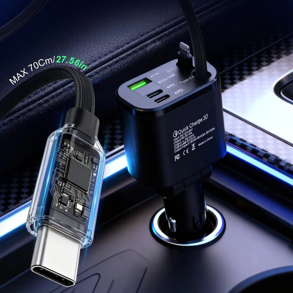 Car Charger with Retractable Cable, Automatic Reel-Up Cord, Supports Charging 5 Devices Simultaneously