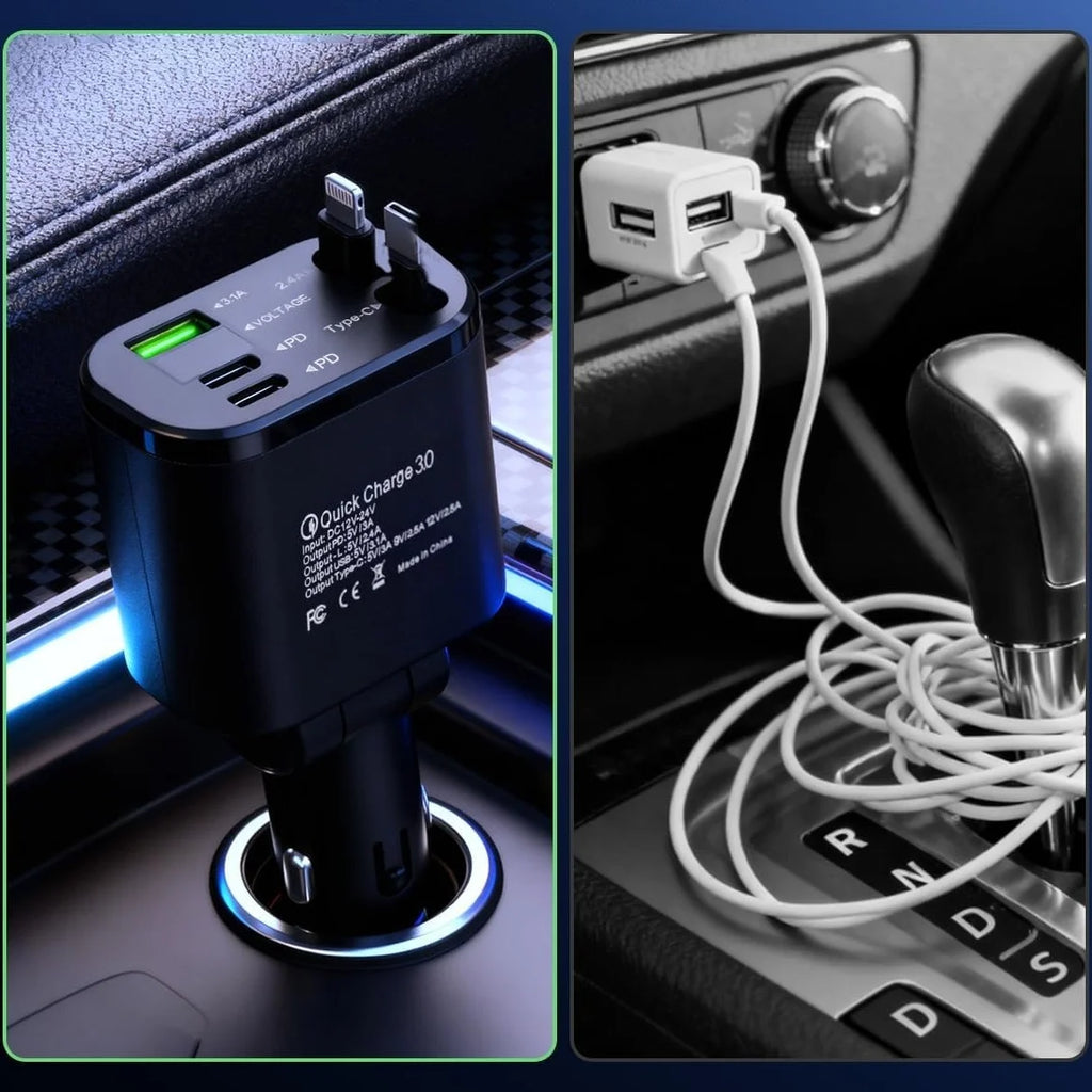 Car Charger with Retractable Cable, Automatic Reel-Up Cord, Supports Charging 5 Devices Simultaneously