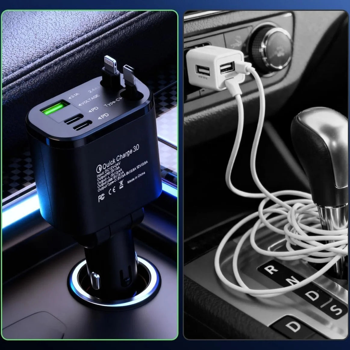 Car Charger with Retractable Cable, Automatic Reel-Up Cord, Supports Charging 5 Devices Simultaneously